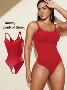 1pc Women Seamless Shaping Bodysuit With Thong Bottom, Slimming Bodyshaper Tummy Control Flat Belly Sheath Jumpsuit Shapewear Waist Trainer Shaper - 紅色 - 查看 1