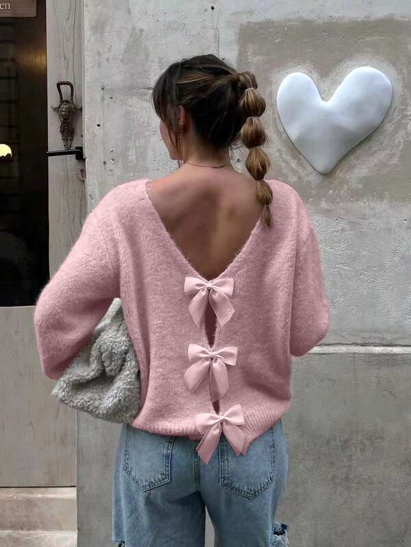 Suéter de mujer de punto Joy - Suéter de otoño/invierno para el Día de San Valentín - Diseño de lazo calado en la espalda, jersey reversible de manga larga para invierno