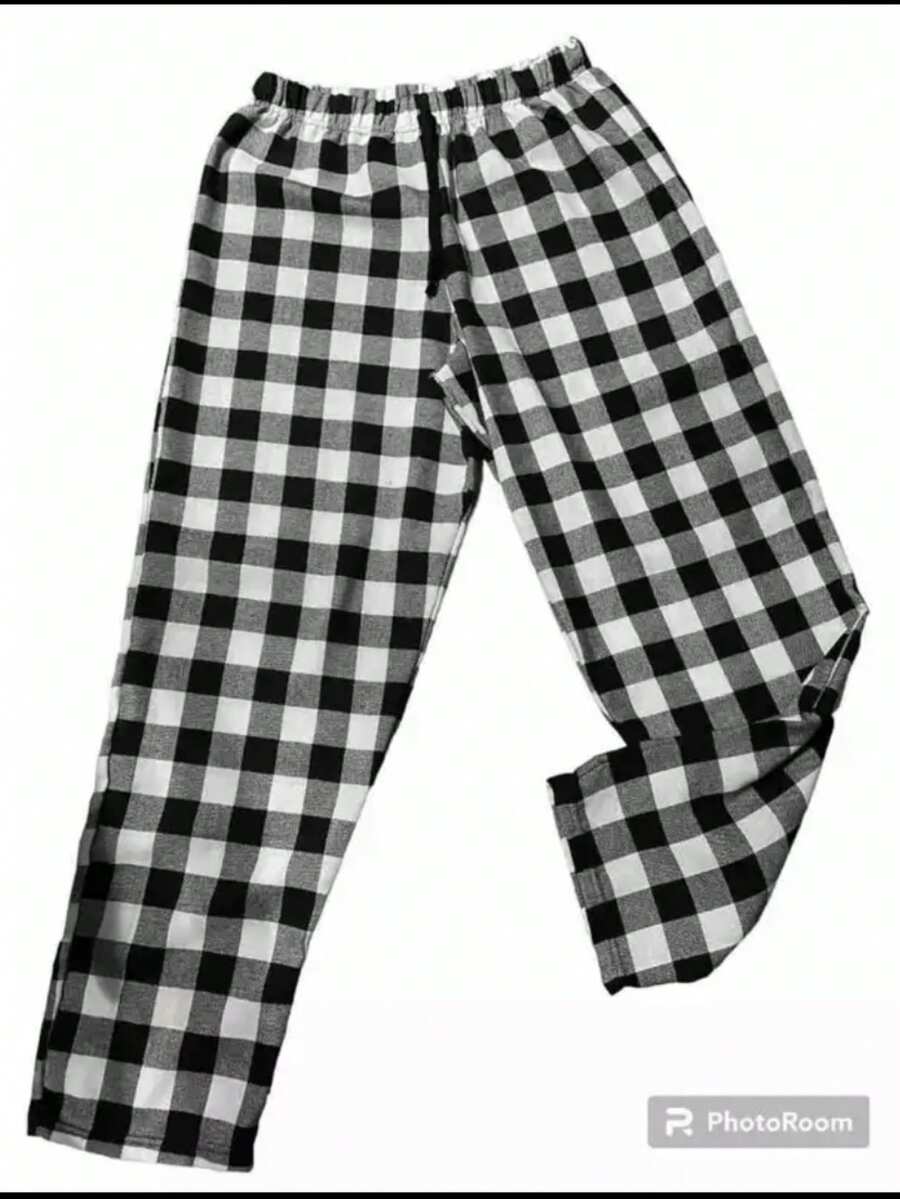 Plaid Flannel Mixed Pants - Black and White - View 1