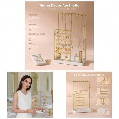 Jewelry Stand Organizer, Room Dorm Decor Display Storage With Rotating Earring Holder Hanger And Removable Ring Tray Necklace Bracelet Bangles Watches Studs - Gold