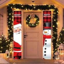 1set (2pcs) - Christmas Couplets, Snowman Old Man Pattern Door Curtain Banners, Christmas Holiday Room Door Decorations, Party Home Courtyard Outdoor Garden Decoration Paintings And Hanging Fabrics, Christmas Party Atmosphere Decoration Supplies