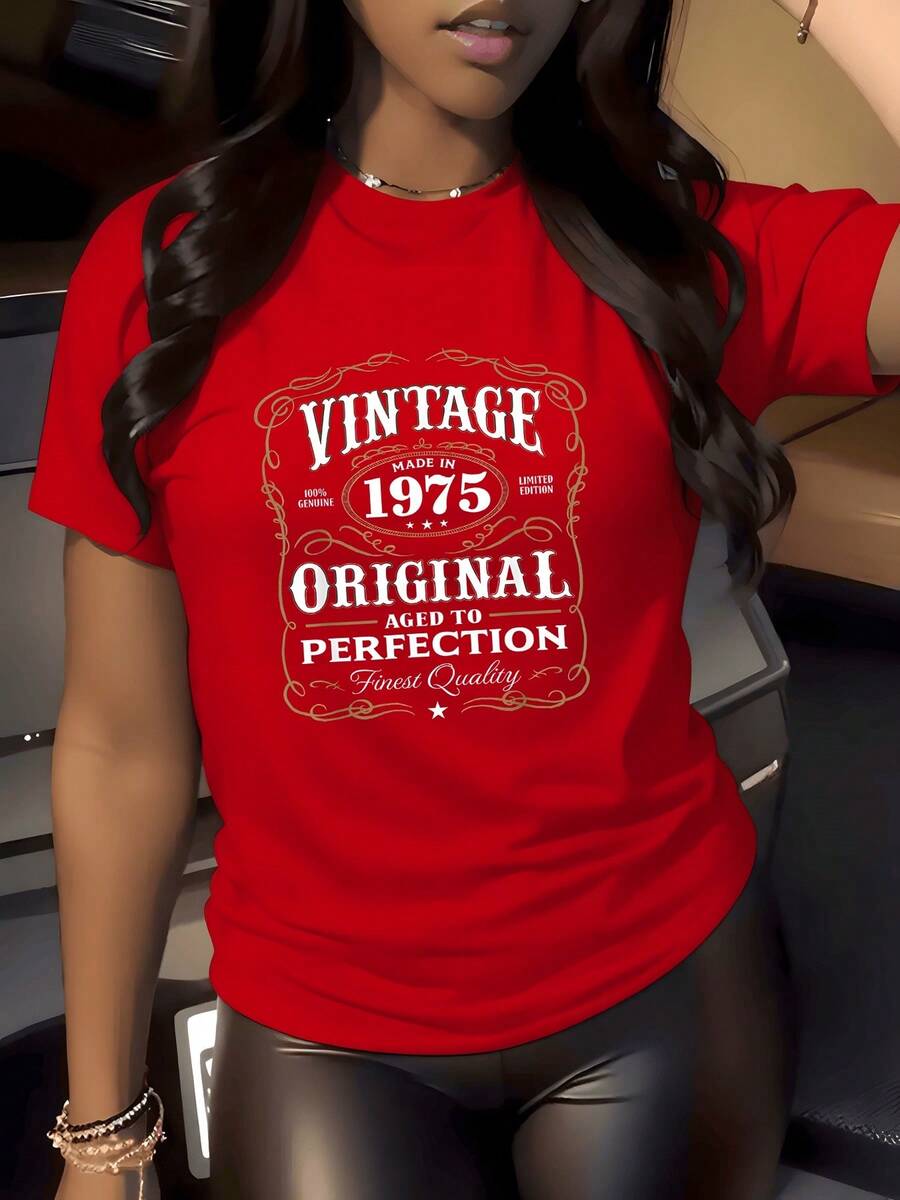 Vintage 1975 Cumpleaños Camisa de T con Estampado Digital 220 Gramos Edición Limitada para Mujer 1 unidad de Camisa de T de Manga Corta para Mujer 100% algodón Estilo Retro y Cuello Redondo - Rojo - Ver 1