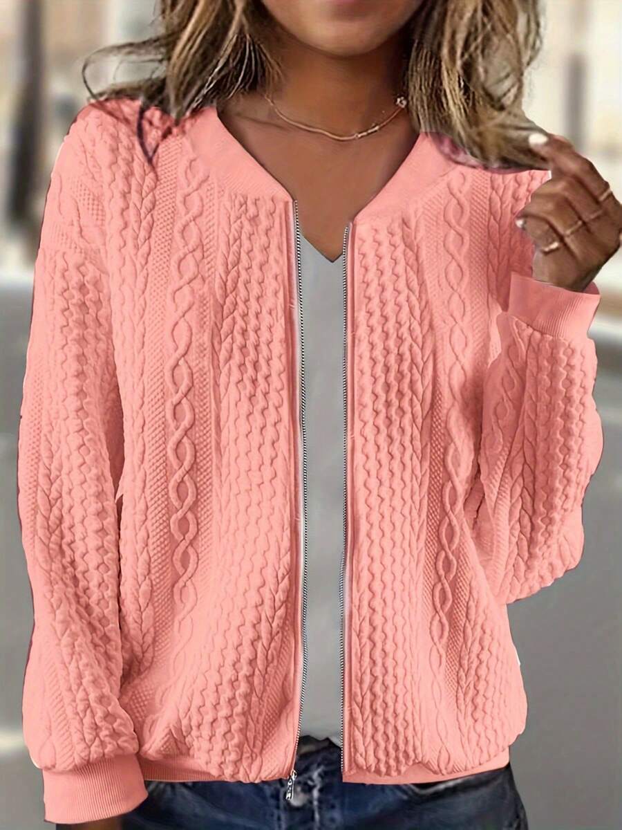 Women's White Zip-Front Casual Baseball Jacket Fall Winter Cloth For Women - 粉色 - 查看 1