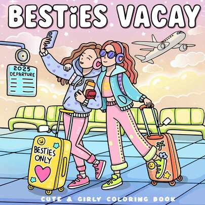 1 Stück (21cm*21cm) Neues Malbuch für Erwachsene, dickeres Papier ist deckend, mit klaren Linien und einfach zum Ausmalen, geeignet für Treffen mit besten Freunden, Musterszene von zwei Mädchen-Besten-Freundinnen, die um die Welt reisen "BETIES VACAY" Malbuch zum Selbstausmalen, um das Denken zu entwickeln, Herbst, Schreibwaren, Schulmaterial, Zeichnen & Malen, Weihnachten