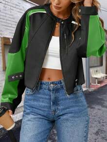 Womens Bomber Jacket Cropped Zip Up Color Block Fall Casual Moto Biker Coat - 綠色 - 查看 3