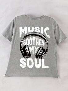 Boys' Casual Stylish Music Artist Headphone Print Round Neck Short Sleeve T-Shirt, Summer New Kids Tops - Grey - View 2