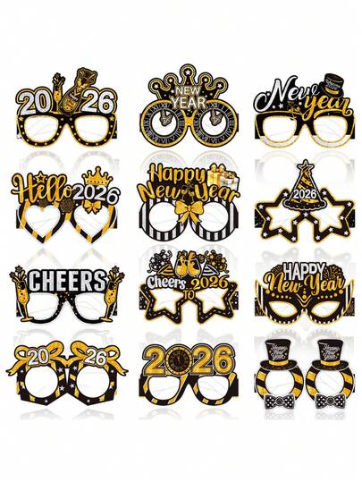 6/12 pezzi Occhiali da festa per Capodanno 2026, accessori di carta per foto, accessori festivi neri e dorati per celebrazioni