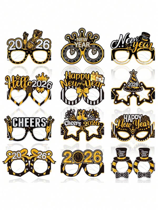 6/12 pezzi Occhiali da festa per Capodanno 2026, accessori di carta per foto, accessori festivi neri e dorati per celebrazioni