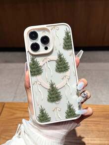 Pink Magnetic Adsorption Phone Case With Pine Tree & Bow Print, Compatible With Samsung A15/35/54/55 And S Series, 16 Pro Max, 14/13, 12, 11 Pro Max, XS Max, X, XR, 8, 7, Plus, Mini, Great As Birthday Gift For Girlfriend, Boyfriend Or Personal Use - Multicolor - View 2