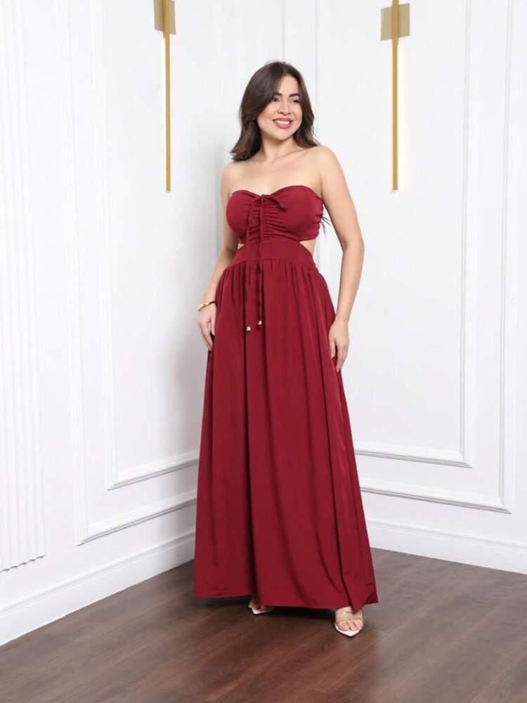 Women's Long Strapless Dress With Tie Detail At The Neck. - Màu Đỏ Sâu - Xem 6