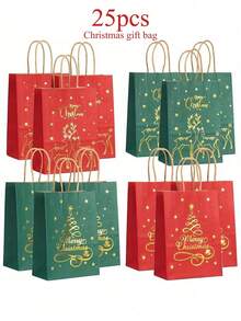 6/25pcs Christmas Kraft Paper Gift Bags, Red And Green With Golden Christmas Tree, Metallic Finish, Holiday Party Gift Bags With Handles, Suitable For Christmas Celebrations
