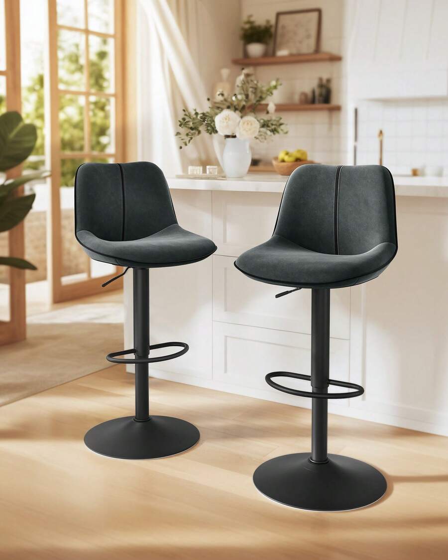 VASAGLE Lot de 2 Tabourets de Bar, Pivotants, Réglables en Hauteur, Ergonomique, Velours, Base Métallique, Modernes, pour Îlot de Cuisine, Bar, Gris Anthracite - Gris - Voir 1