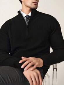 Men's Slim Fit Half Zip Ribbed Knit Sweater , Autumn/Winter, Long Sleeve Top - Black - View 8