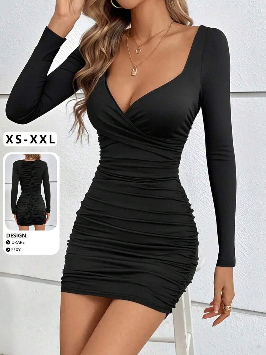 Elegant Ruched Waist Deep V-Neck Long Sleeve Mini Dress, New Arrival For Spring Summer