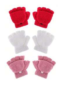 儿童露指手套可转换连指手套翻盖手套幼儿冬季柔软针织手套适合男孩和女孩 - 彩色 - 查看 2