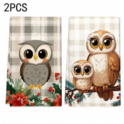 1set/2pcs/100pcs Owl Print Pattern Kitchen Towels And Dishcloths, Suitable For Interior Decoration In Restaurants, Kitchens, Bathrooms, Party Decoration, Holiday Gifts, And Can Be Given As Christmas Gifts