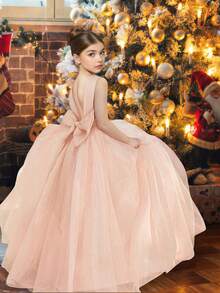 Tween Girl Elegant Faux Pearl Bow Tulle Dress, Suitable For Wedding, Prom, Birthday Party, Graduation, Summer - Champagne - View 2