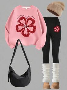 2件套女童甜美花卉印花粉色卫衣+刺绣黑色裤子套装，柔软亲肤，适合春秋季节上学日常 - 粉色 - 查看 2