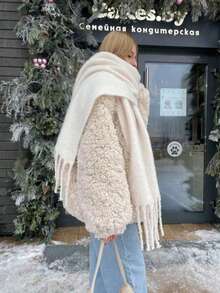 1PC Women Autumn/Winter White Solid Color Versatile College Style Elegant Coarse Beard Thick Warm Scarf, Suitable For Cold Proof Shopping And Dressing In Autumn/Winter Season - White - View 2