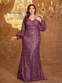 UNITHORSE Plus Size V-Neck Lantern Sleeve Sequin Patchwork Waist Fishtail Hem Formal Banquet Party Dress - Red Violet - View 4