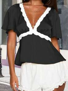 Women Lace Trim Tops  V Neck Split Short Sleeve Ruffle Shirts Casual Summer Streetwear - 黑色 - 查看 4