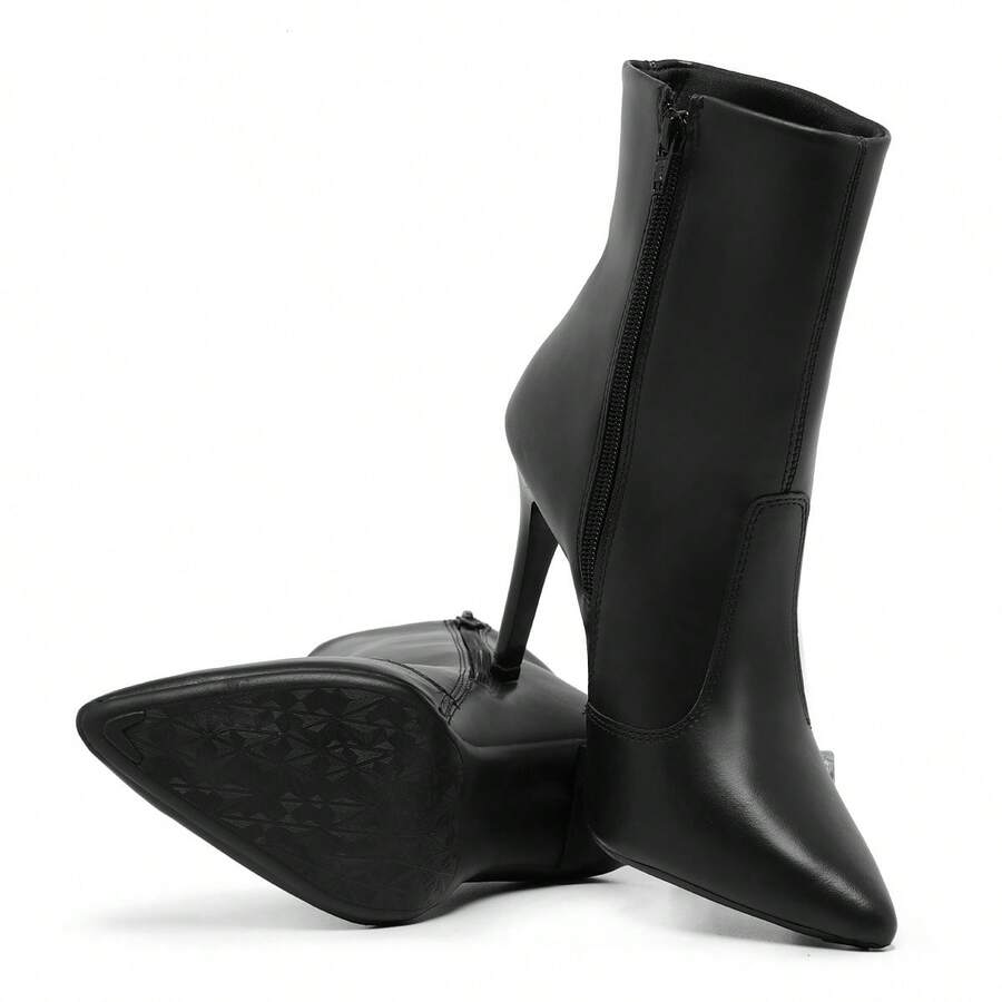 Women's Black Mid-Calf Boots, Classic Stiletto Heel, Side Zipper, Pointed Toe - Black - View 1