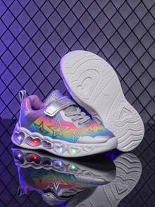 1 双时尚 LED 照明皮革透气运动鞋，适合男孩和女孩 - 休闲、减震、四季防滑户外跑步和步行鞋 - 淡紫色 - 查看 4