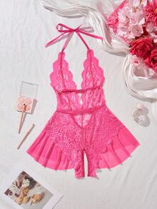 AESKEIA Sexy Lingerie For Women, Lace Trim Seductive Dress Costume, Crotchless Bodysuit - Hot Pink - View 8