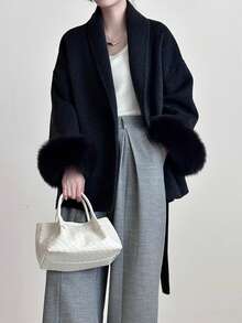 Women's Double-Sided Faux Fur & Wool Blend Coat - Shawl Collar, Tie Waist, Classic Casual, Suitable For Autumn/Winter - The New Black - View 2