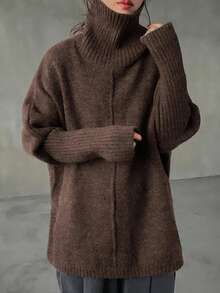 Maglione a collo alto, spalle scoperte, in maglia a costine, per donne taglia comoda, maniche lunghe, vestibilità morbida, lunghezza regolare, tessuto non elasticizzato, adatto per autunno/inverno