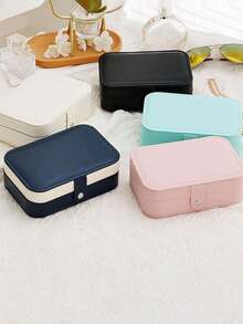 1 pezzo Scatola da viaggio per gioielli, piccola scatola di stoccaggio in pelle sintetica, scatola per gioielli con bottone, scatola collezione gioielli, scatola porta anelli, adatta per donne e ragazze, portatile a doppio strato, utilizzata per conservare orecchini, anelli, collane