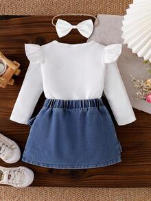 2 件女婴 3D 蝴蝶结装饰白色长袖上衣和牛仔裙，3D 蝴蝶结松紧腰带，含蝴蝶结头带套装 - 白色 - 查看 4