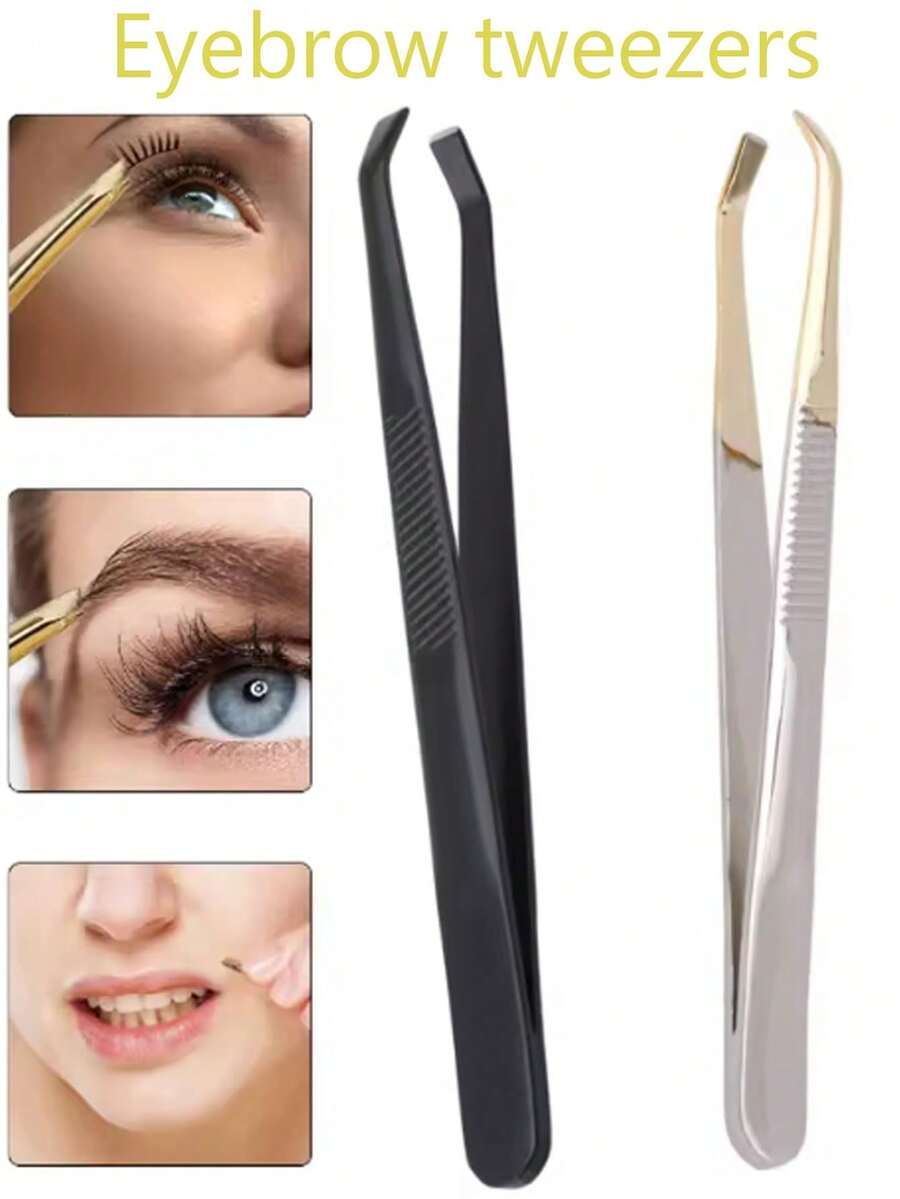 Stainless Steel Straight & Slanted Eyebrow Tweezers, Facial Hair Removal Tweezer, Beauty Tool - Multicolor - View 1