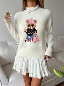 Autumn/Winter New Stand Collar Long Sleeve Teddy Bear Wearing Baseball-Cap Drink Pattern Sweater Pullover, Commuting Style White Sweater For Women, Autumn/Winter New Arrival,Back To School,Suitable For Daily, Commuting And Shopping,Elegant & Chic Style,Wedding Guest,Halloween Costume,Christmas Party - White - View 2