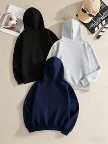 3pcs/Set Tween Boy Casual Printed Hooded Sweatshirts, Thick Thermal Lined Long Sleeve Pullover Tops For Students, Autumn/Winter - Multicolor - View 3