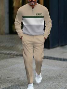 2-Piece Set, Gray, White, And Khaki Color Block Printed Design With A Stand Collar And Half-Open Zipper Long Sleeve Top Paired With Khaki Casual Sports Pants. Men's Autumn And Winter Long Sleeve And Pants Warming And Comfortable Set, The Best Choice For Holiday Gifts. ...