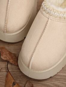 女士毛绒厚底拖鞋，秋冬新款人造保暖内衬套脚坡跟凉鞋，时尚百搭，蓬松拖鞋 - 米色 - 查看 5