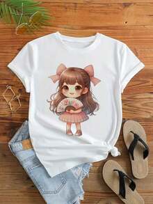 Little Girl Wearing Kimono Fan, Basic Tee, Graphic Shirt, Perfect For Cheering On Your Team During A Live Game, Casual T-Shirt Graphic Tees, 100 Percent Cotton Shirts, White Street Graphic Tees, Men's T-Shirt, Funny Graphic Vintage T Shirts, S-XXXL - 白色-1 - 查看 1