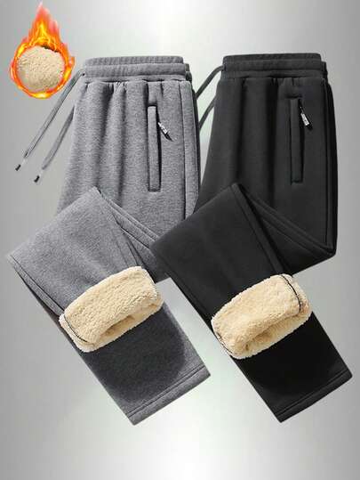 Pantalones de chándal casuales con forro térmico y ajuste holgado para hombres, de tela de punto suave y elástica, adecuados para uso diario, deportes, otoño/invierno