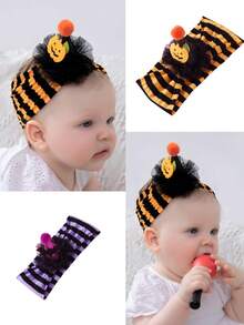 2pcs/Set Cute Baby Hair Accessories, 3D Mesh Floral Pom Pom Hat Decor, Soft Comfortable Striped Nylon Baby Headband, Halloween Party Holiday Headpiece