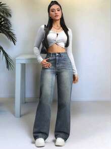 Straight Leg Loose Casual Jeans With Pockets, Versatile For Teenage Girls - Medium Wash - View 6