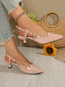 Fashionable Studded High Heel Pointed Toe Party Shoes, Stiletto Heel Sandals With Strap For Teenagers And Students - Pink - View 4