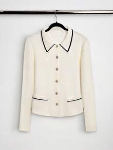 Cárdigan de punto elegante para mujer con cuello, botones delanteros y bolsillos, de manga larga y longitud regular con elasticidad media