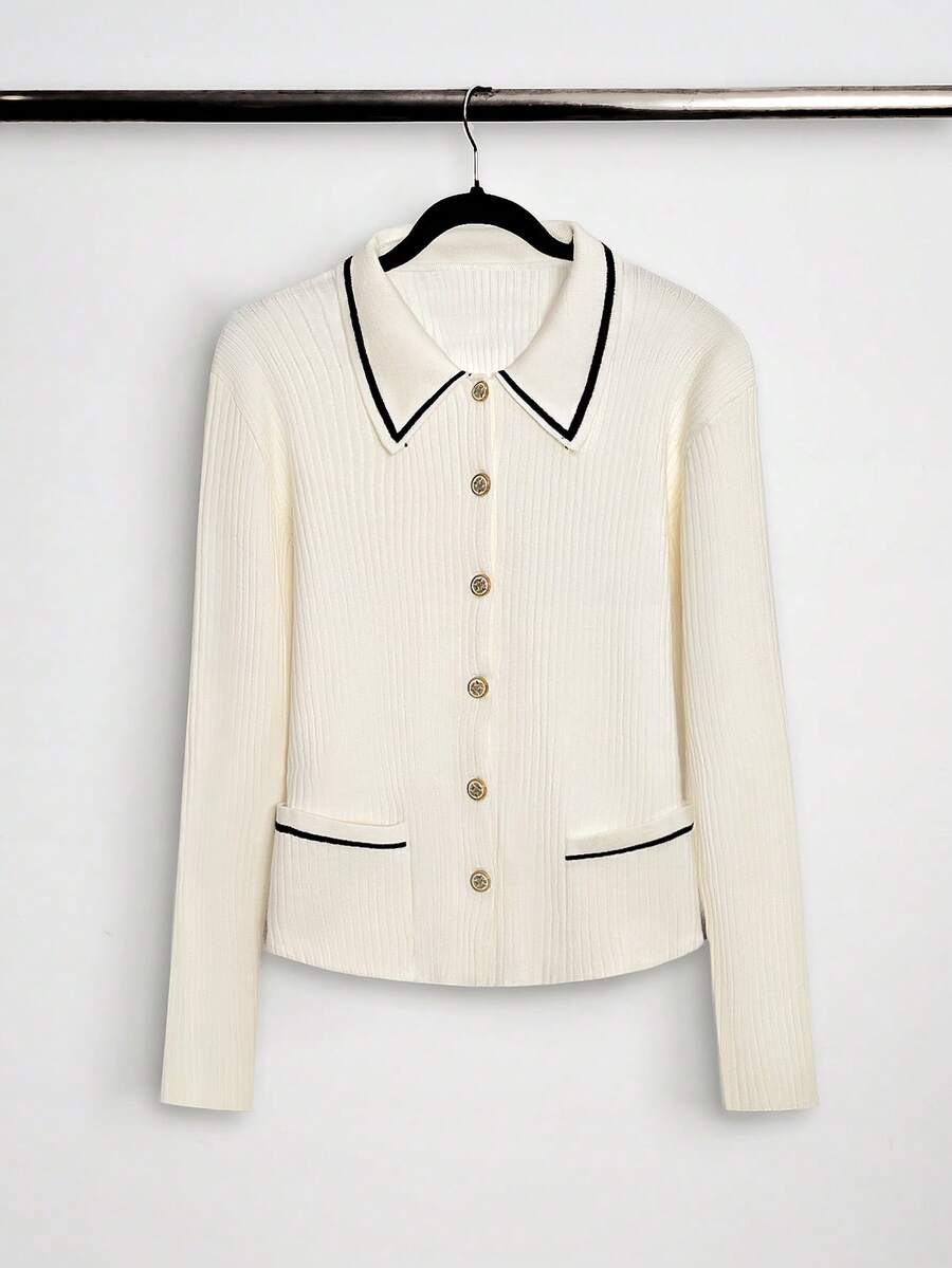 Women's Elegant Knit Cardigan, Collared, Button-Front, With Pockets, Long Sleeve, Regular Length, Medium Stretch.
