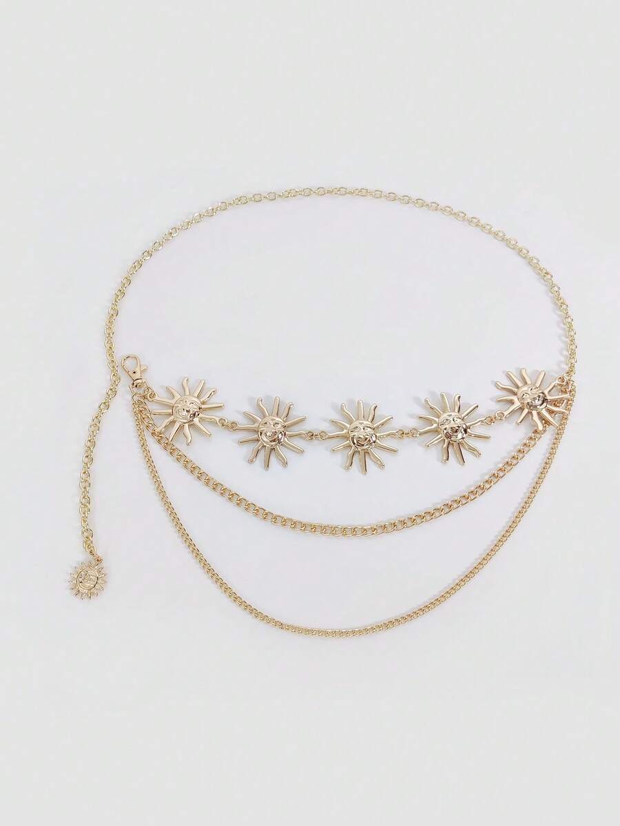 1pc Women's Metallic Gold Waist Chain, Fashion Sun Flower Body Chain With Tassel And Floral Decor Fall, Autumn, Halloween - Silver - View 1