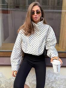 MUMRAP Women Casual Polka Dot Long Sleeve Loose Jacket Autumn Fashion Stand Collar Zipper Coat - trắng - Xem 1