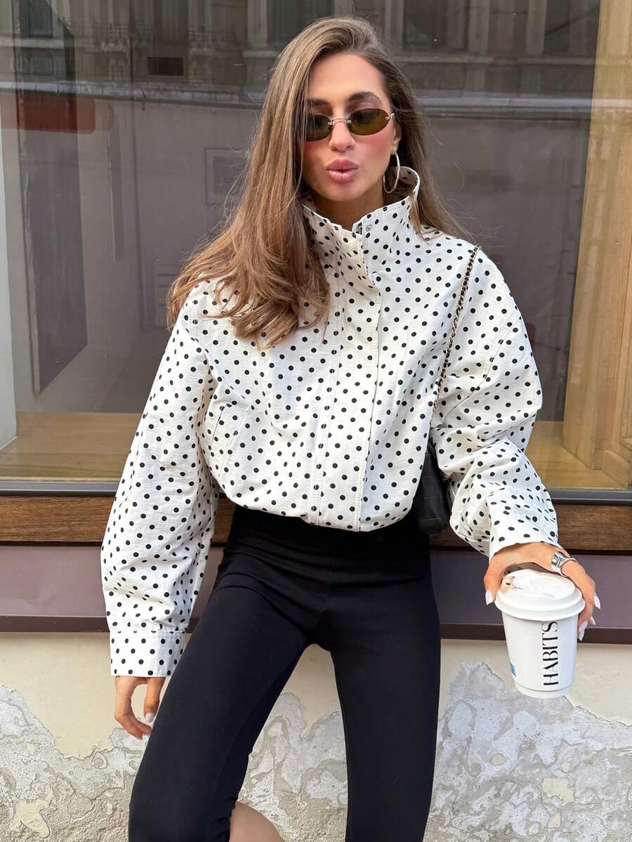 MUMRAP Women Casual Polka Dot Long Sleeve Loose Jacket Autumn Fashion Stand Collar Zipper Coat - trắng - Xem 1