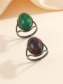 2 件不锈钢金黄色戒指，镶嵌浅蓝色和粉红色大宝石，夸张的女士装饰