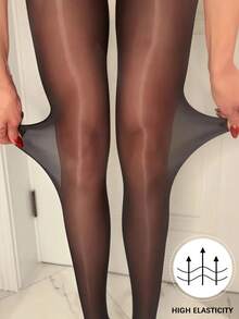 1双女士高腰无缝真丝丝袜，性感亮面连裤袜，薄款肤色修身紧身裤，舒适 - 黑色 - 查看 4