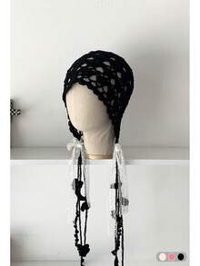 1 件女式手工钩针镂空透气头巾帽，艺术乡村复古风格针织花流苏无檐帽，波西米亚头带帽带耳罩，春夏